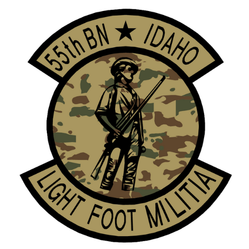 Circular insignia depicting a stylized historical foot soldier holding a rifle, set against a camouflage background, with a centered star above.
