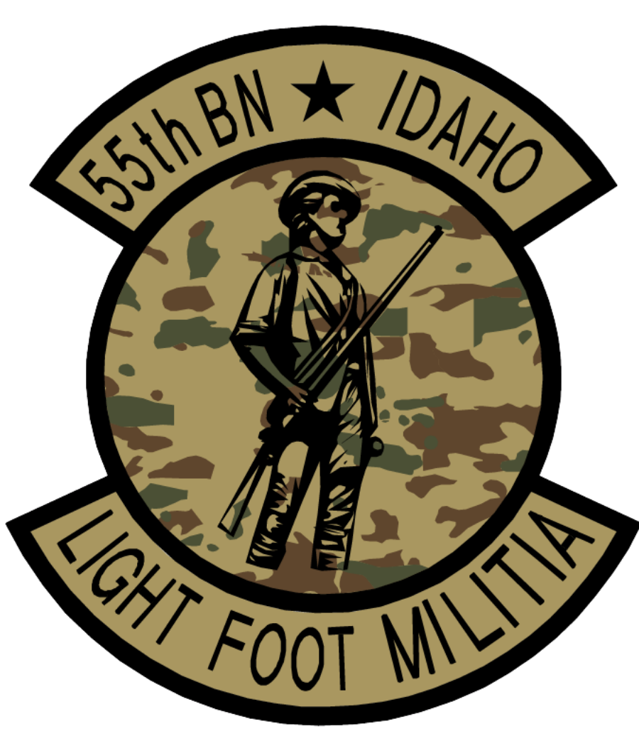 Circular insignia depicting a stylized historical foot soldier holding a rifle, set against a camouflage background, with a centered star above.