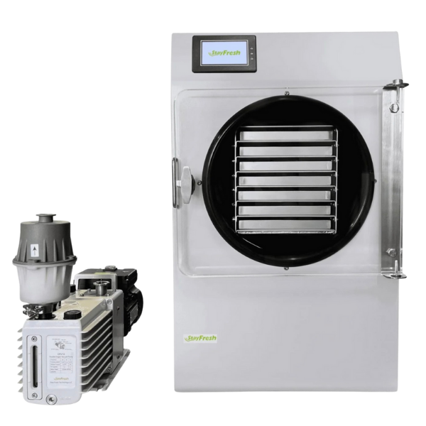 Freeze drying machine with stainless steel trays and external vacuum pump used for long-term food preservation and freeze-dried food storage.