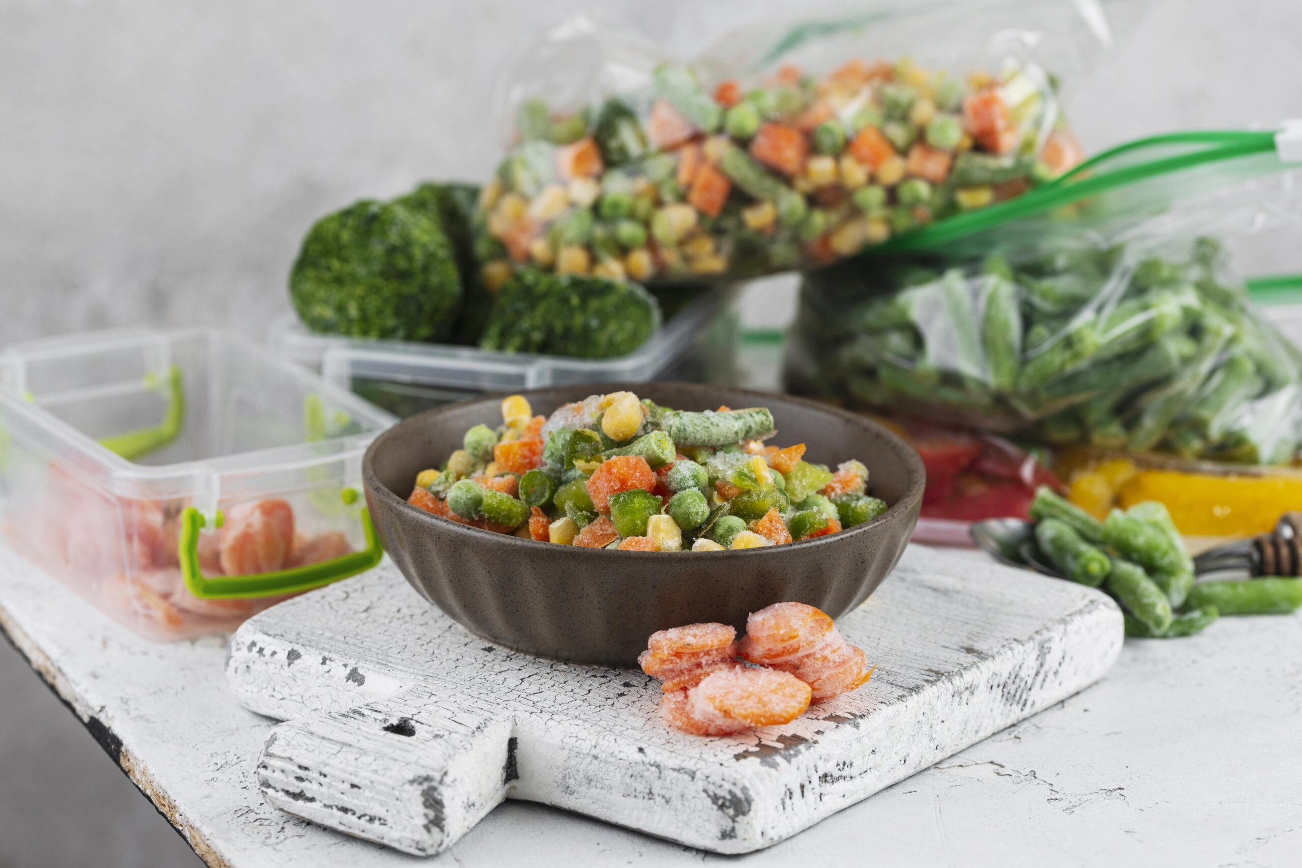 Frozen mixed vegetables with visible ice crystals in a bowl, surrounded by freezer storage bags, demonstrating frozen food storage for emergency preparedness and long-term food planning.