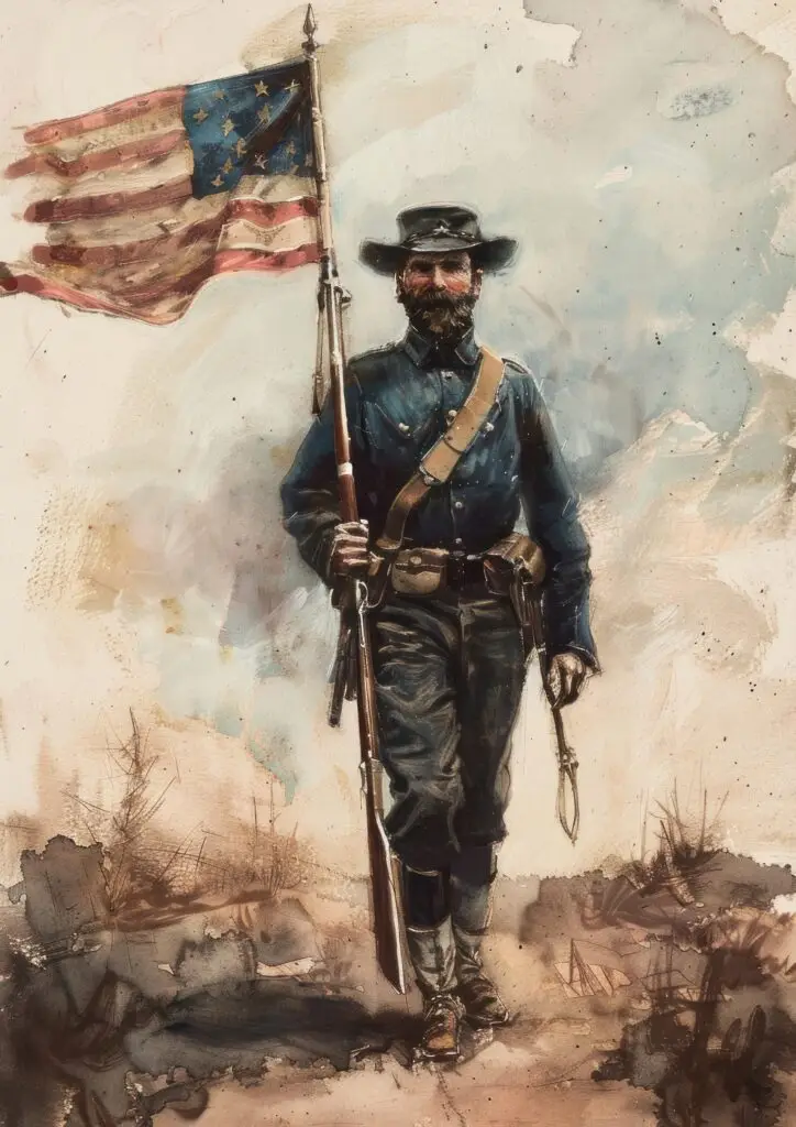 Historical illustration of an early American militia member carrying a flag, representing the historical origins of militia service in the United States.