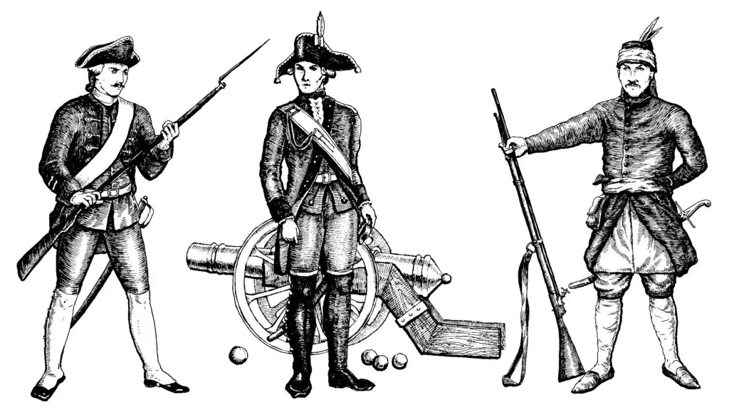 Black and white illustration of 18th-century European soldiers and militia representing early light infantry and artillery roles.