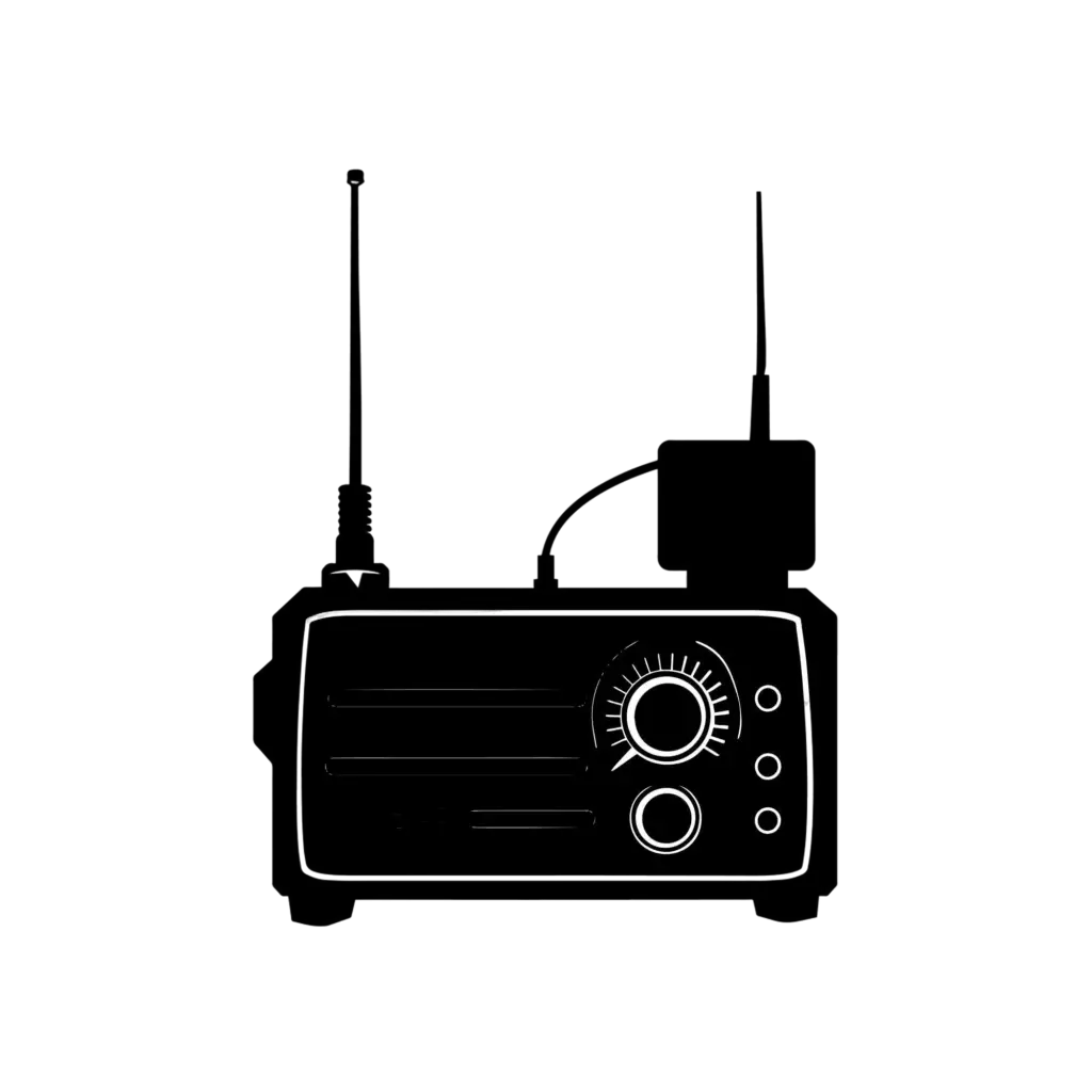 Silhouette illustration of a base radio with antenna, representing amateur radio and independent field communications.