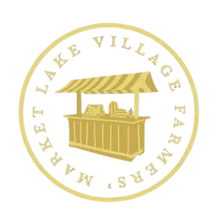 Lake Village Farmers’ Market logo featuring a farm stand with fresh produce in a circular green and gold emblem representing a local farmers market and community agriculture.