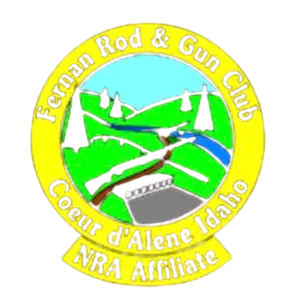 Fernan Rod & Gun Club logo featuring a mountain landscape, river, and shooting range illustration representing a firearm training, shooting sports, hunting, and outdoor recreation club in Coeur d’Alene, Idaho and NRA affiliate organization.