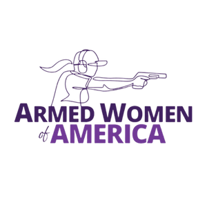 Armed Women of America logo featuring a purple line-art illustration of a woman aiming a handgun with bold purple text reading ‘Armed Women of America,’ representing women’s firearm education, self-defense training, and Second Amendment advocacy.