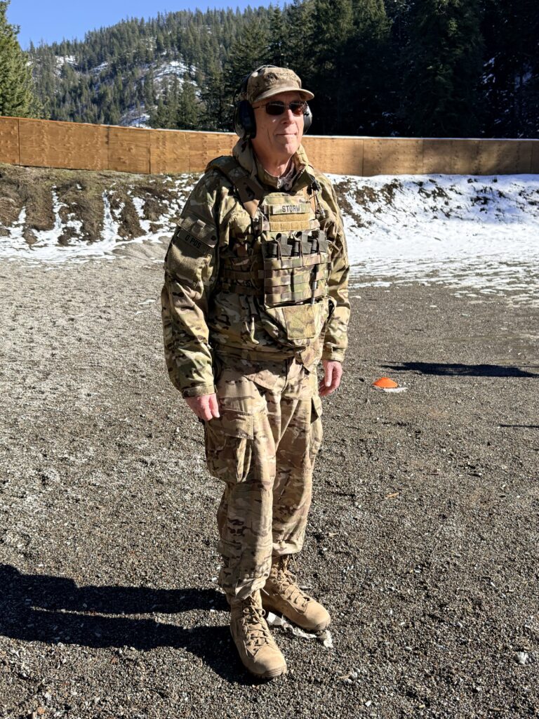 55th Light Foot member in field gear during outdoor preparedness, safety, and range training in Kootenai County, Idaho.