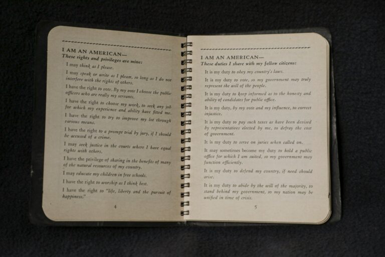 Open booklet displaying the rights, privileges, and civic duties of American citizenship, emphasizing constitutional freedoms, public service, and civic responsibility.